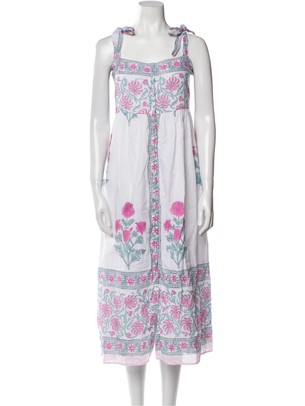 Juliet Dunn White Midi Dress with Pink and Teal Embroidery